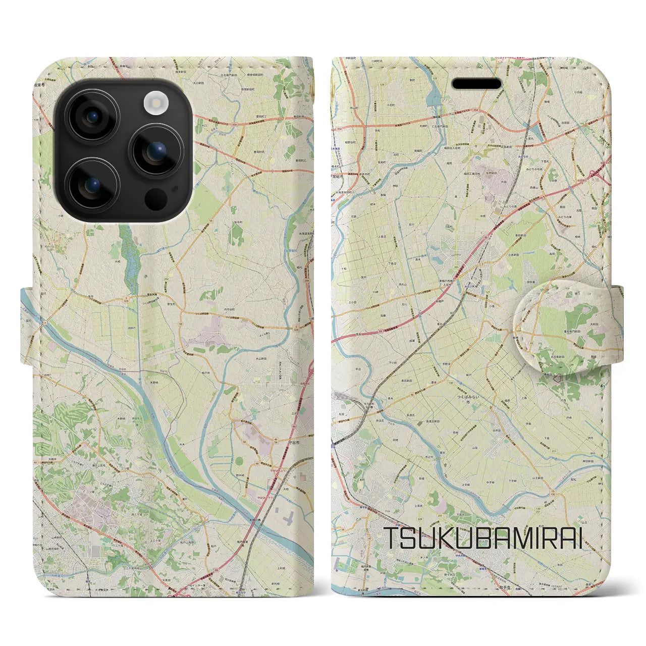 【つくばみらい(茨城県)】地図柄iPhoneケース(手帳タイプ)ナチュラル・iPhone 16 用