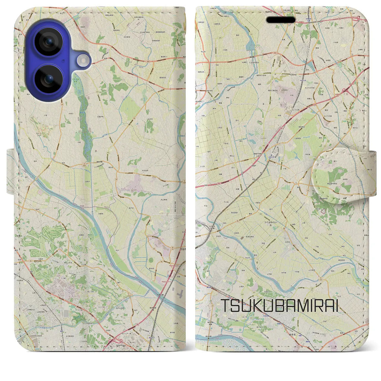 【つくばみらい(茨城県)】地図柄iPhoneケース(手帳タイプ)ナチュラル・iPhone 16 Pro Max 用