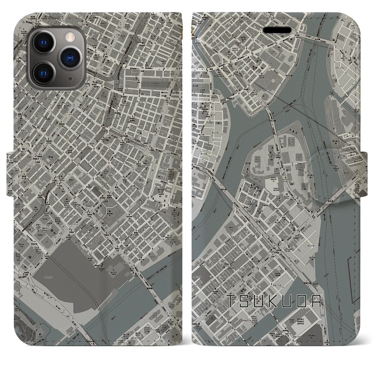【佃(東京都)】地図柄iPhoneケース(手帳タイプ)モノトーン・iPhone 11 Pro Max 用