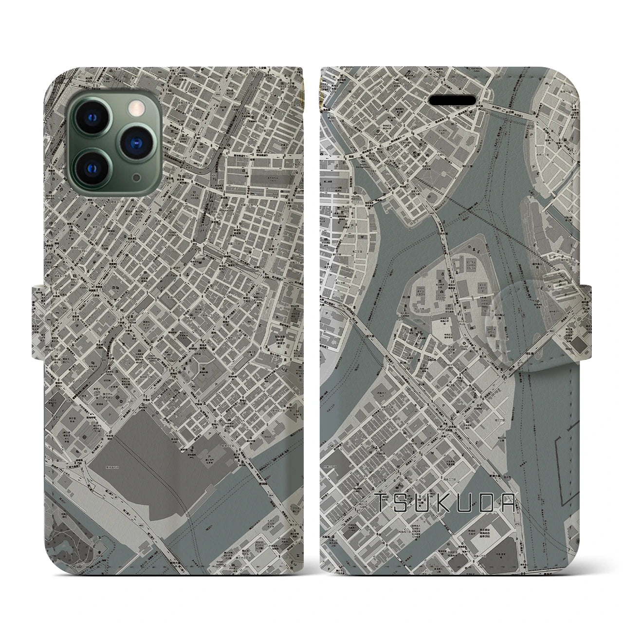 【佃(東京都)】地図柄iPhoneケース(手帳タイプ)モノトーン・iPhone 11 Pro 用