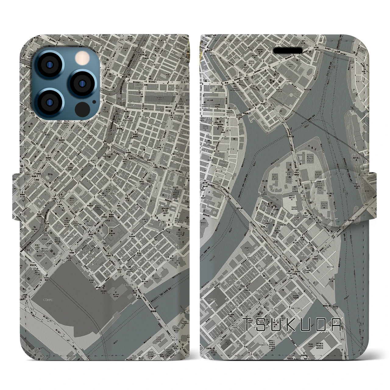 【佃(東京都)】地図柄iPhoneケース(手帳タイプ)モノトーン・iPhone 12 / 12 Pro 用