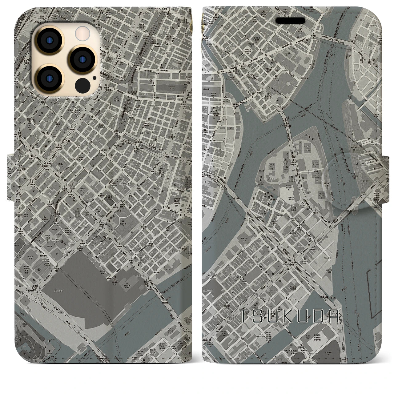 【佃(東京都)】地図柄iPhoneケース(手帳タイプ)モノトーン・iPhone 12 Pro Max 用