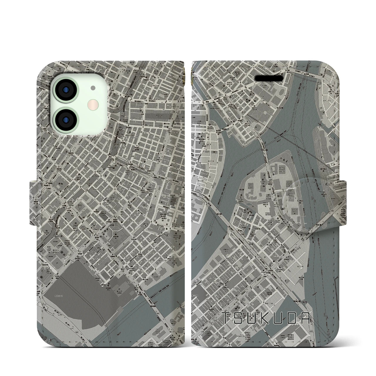 【佃(東京都)】地図柄iPhoneケース(手帳タイプ)モノトーン・iPhone 12 mini 用