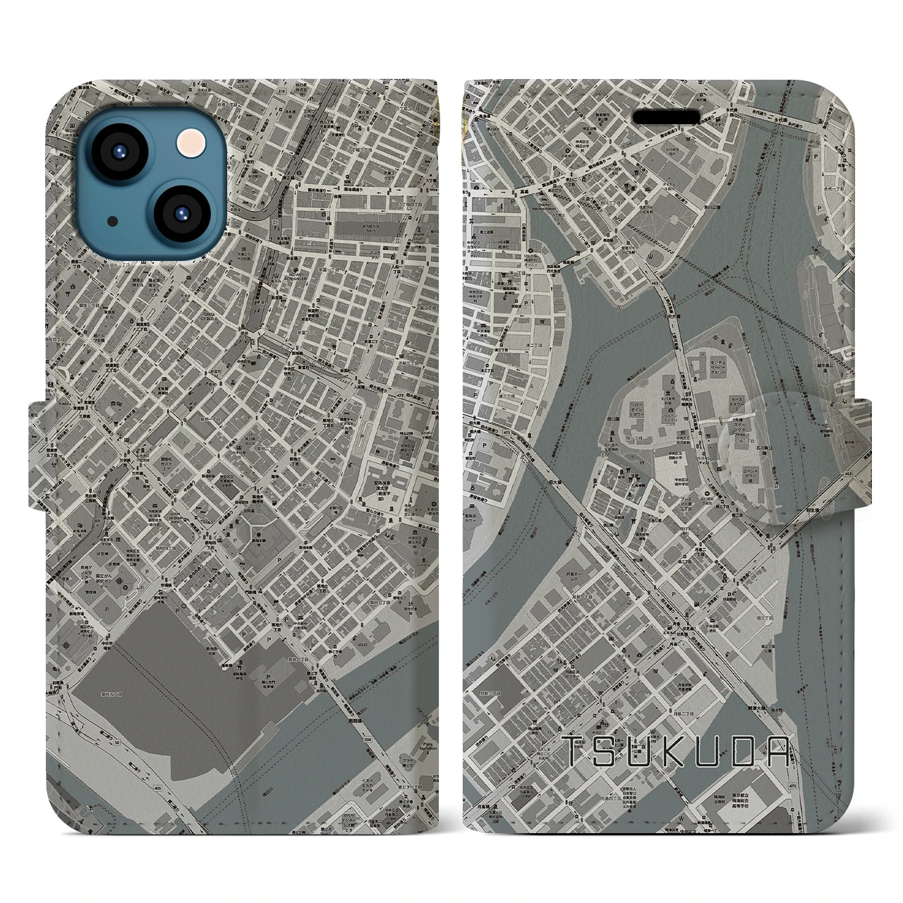【佃(東京都)】地図柄iPhoneケース(手帳タイプ)モノトーン・iPhone 13 用