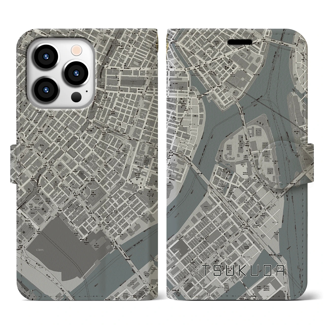 【佃(東京都)】地図柄iPhoneケース(手帳タイプ)モノトーン・iPhone 13 Pro 用