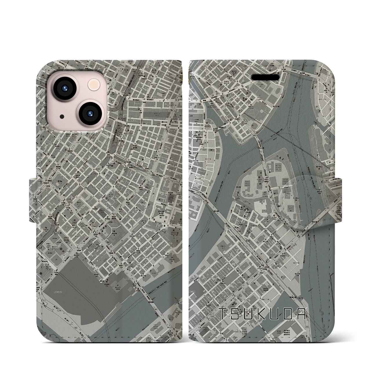 【佃(東京都)】地図柄iPhoneケース(手帳タイプ)モノトーン・iPhone 13 mini 用