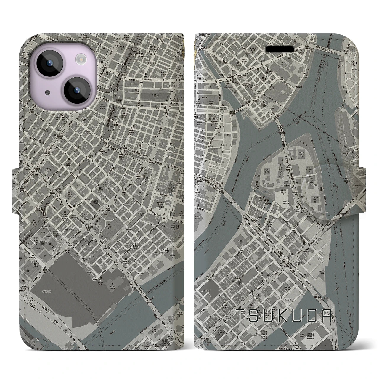 【佃(東京都)】地図柄iPhoneケース(手帳タイプ)モノトーン・iPhone 14 用