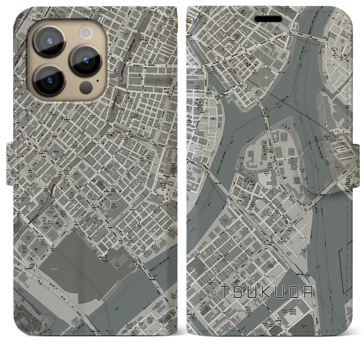 【佃(東京都)】地図柄iPhoneケース(手帳タイプ)モノトーン・iPhone 14 Pro Max 用