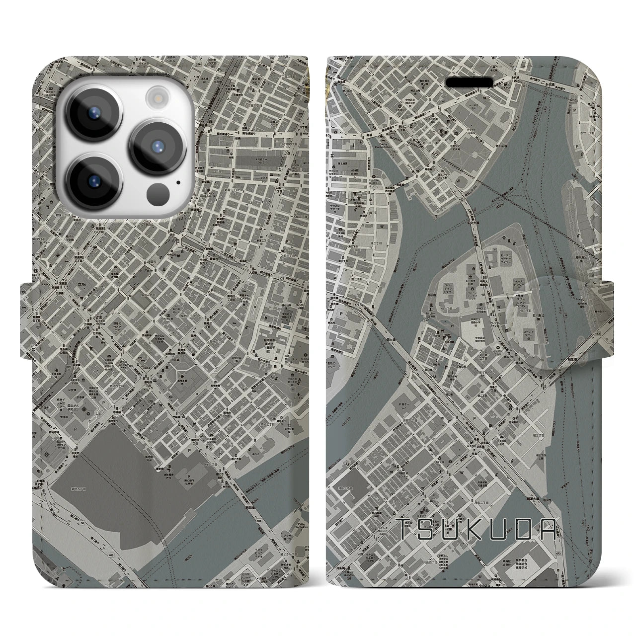 【佃(東京都)】地図柄iPhoneケース(手帳タイプ)モノトーン・iPhone 14 Pro 用