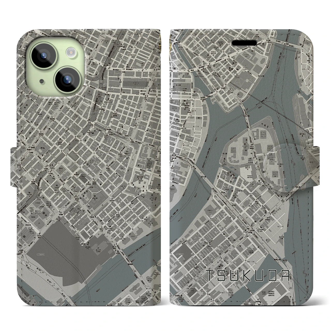 【佃(東京都)】地図柄iPhoneケース(手帳タイプ)モノトーン・iPhone 15 用