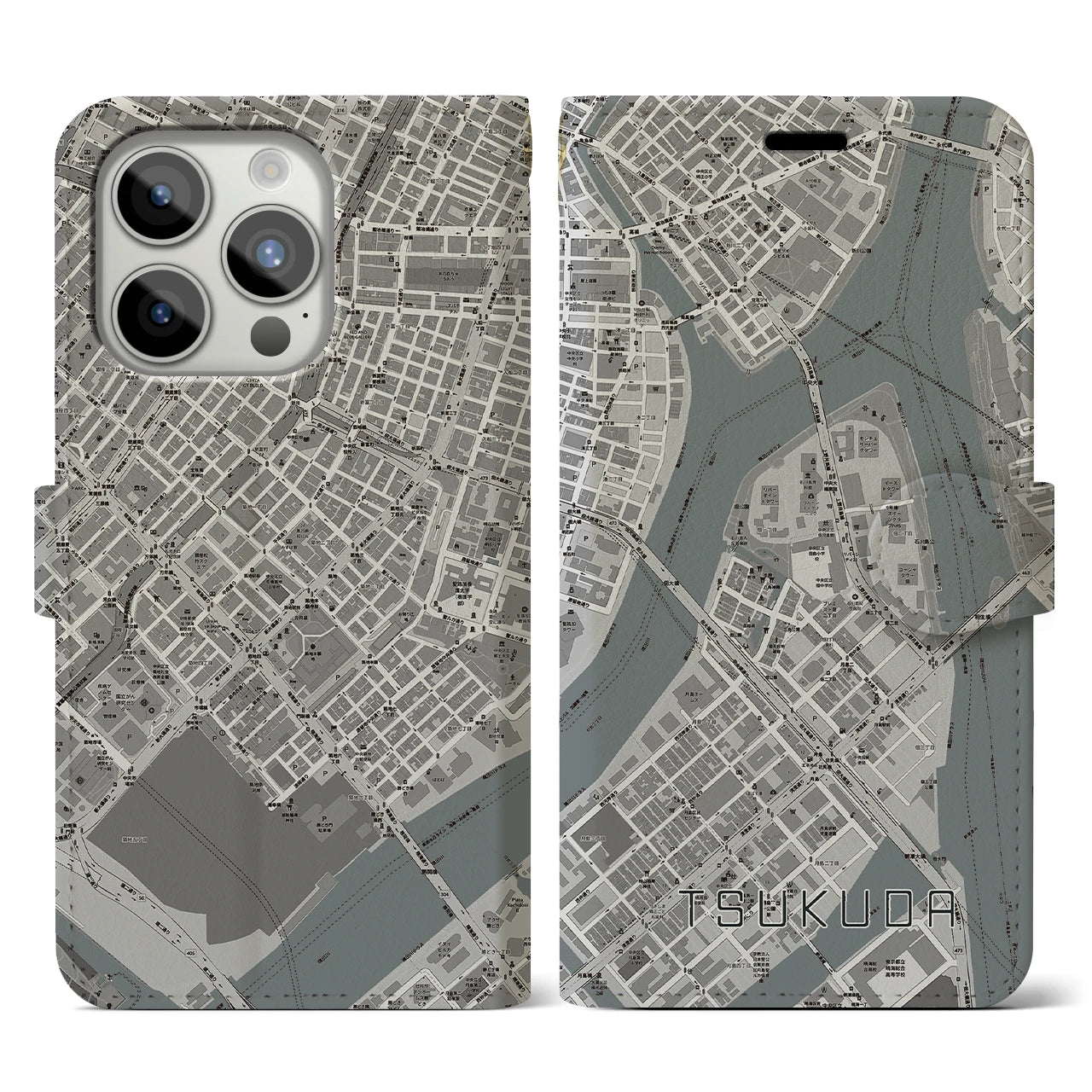【佃(東京都)】地図柄iPhoneケース(手帳タイプ)モノトーン・iPhone 15 Pro 用