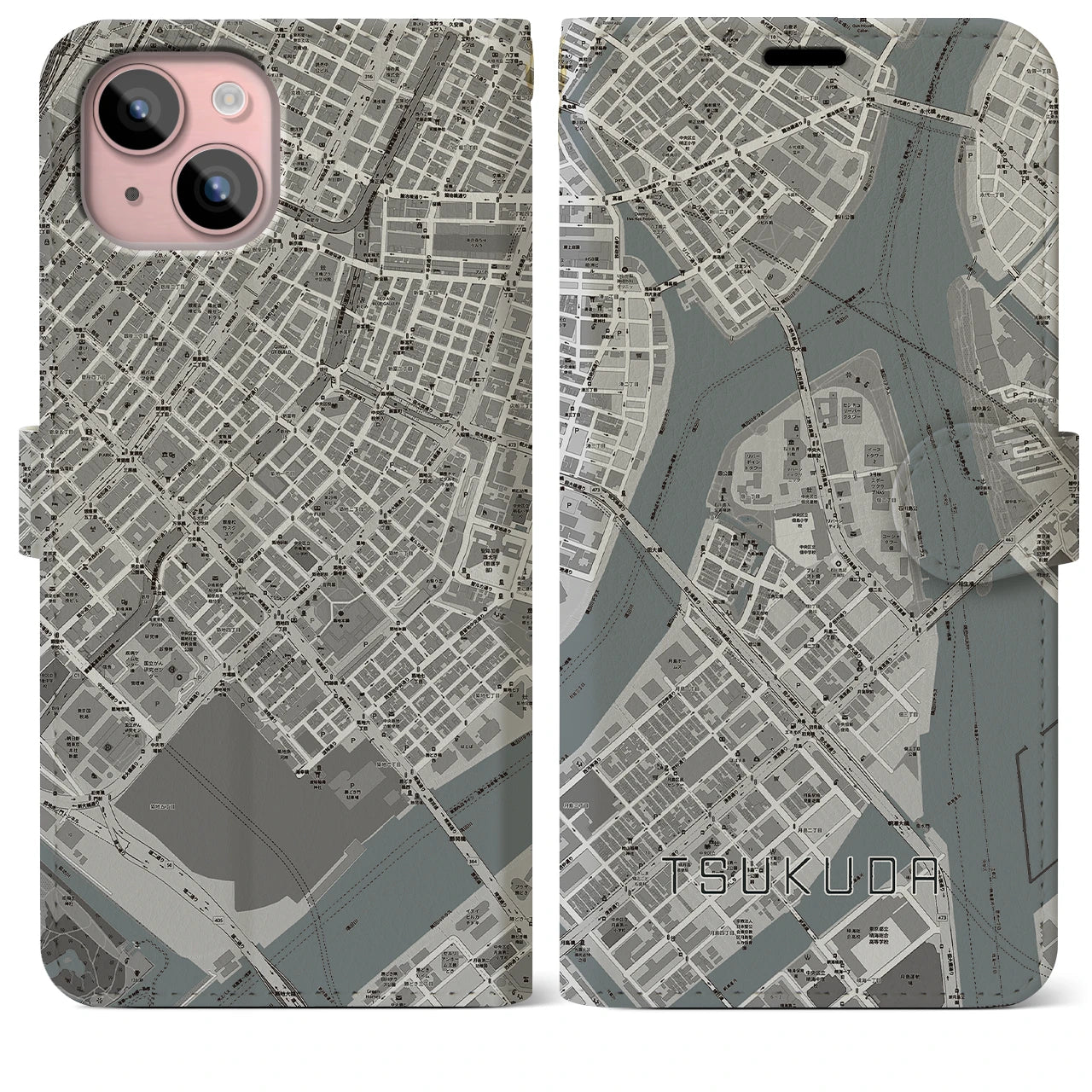 【佃(東京都)】地図柄iPhoneケース(手帳タイプ)モノトーン・iPhone 15 Plus 用