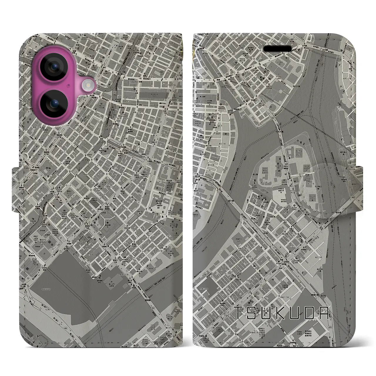 【佃(東京都)】地図柄iPhoneケース(手帳タイプ)モノトーン・iPhone 16 Pro 用