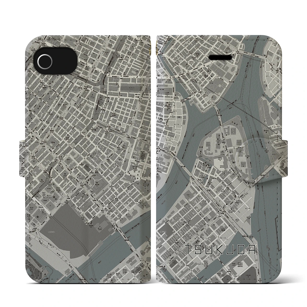 【佃(東京都)】地図柄iPhoneケース(手帳タイプ)モノトーン・iPhone SE(第3 / 第2世代) / 8 / 7 / 6s / 6 用