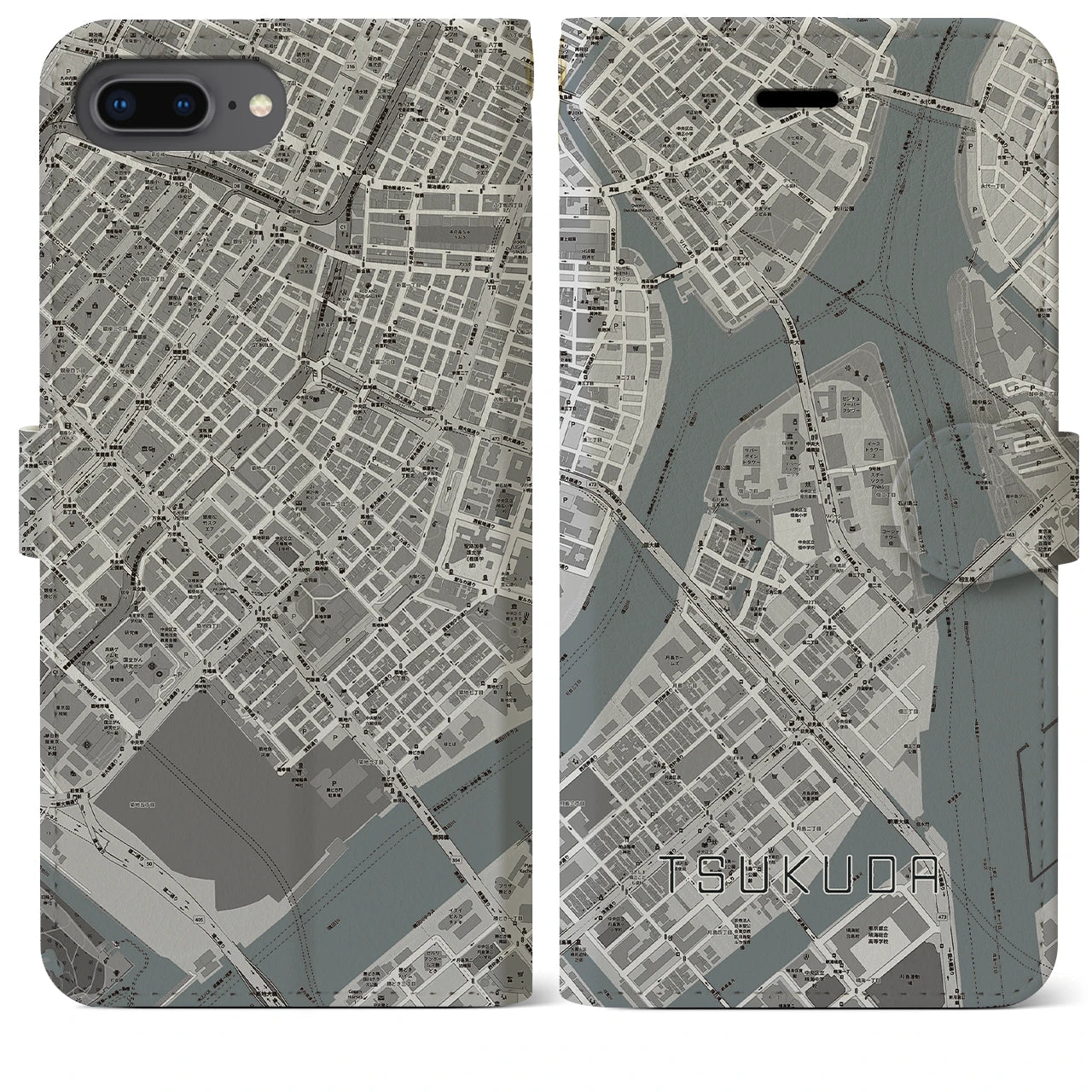 【佃(東京都)】地図柄iPhoneケース(手帳タイプ)モノトーン・iPhone 8Plus /7Plus / 6sPlus / 6Plus 用