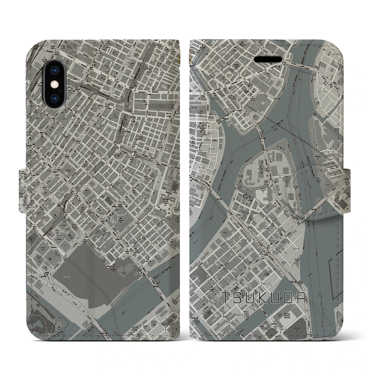 【佃(東京都)】地図柄iPhoneケース(手帳タイプ)モノトーン・iPhone XS / X 用