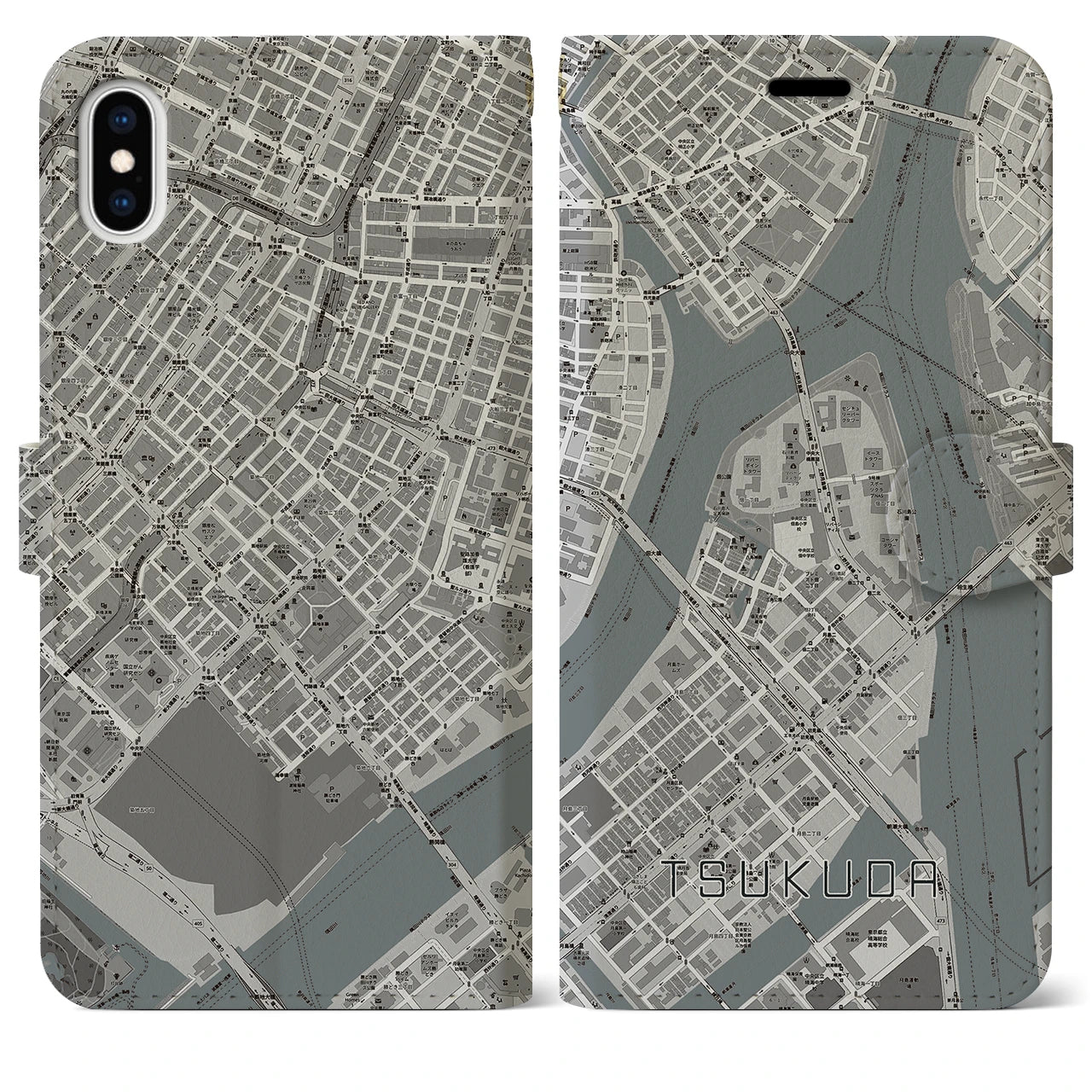 【佃(東京都)】地図柄iPhoneケース(手帳タイプ)モノトーン・iPhone XS Max 用