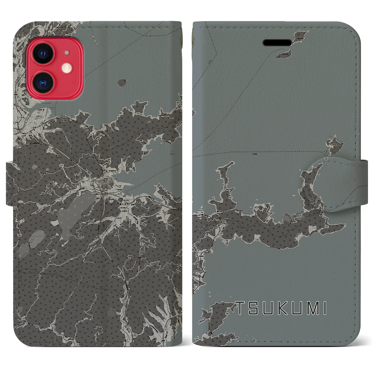 【津久見(大分県)】地図柄iPhoneケース(手帳タイプ)モノトーン・iPhone 11 用