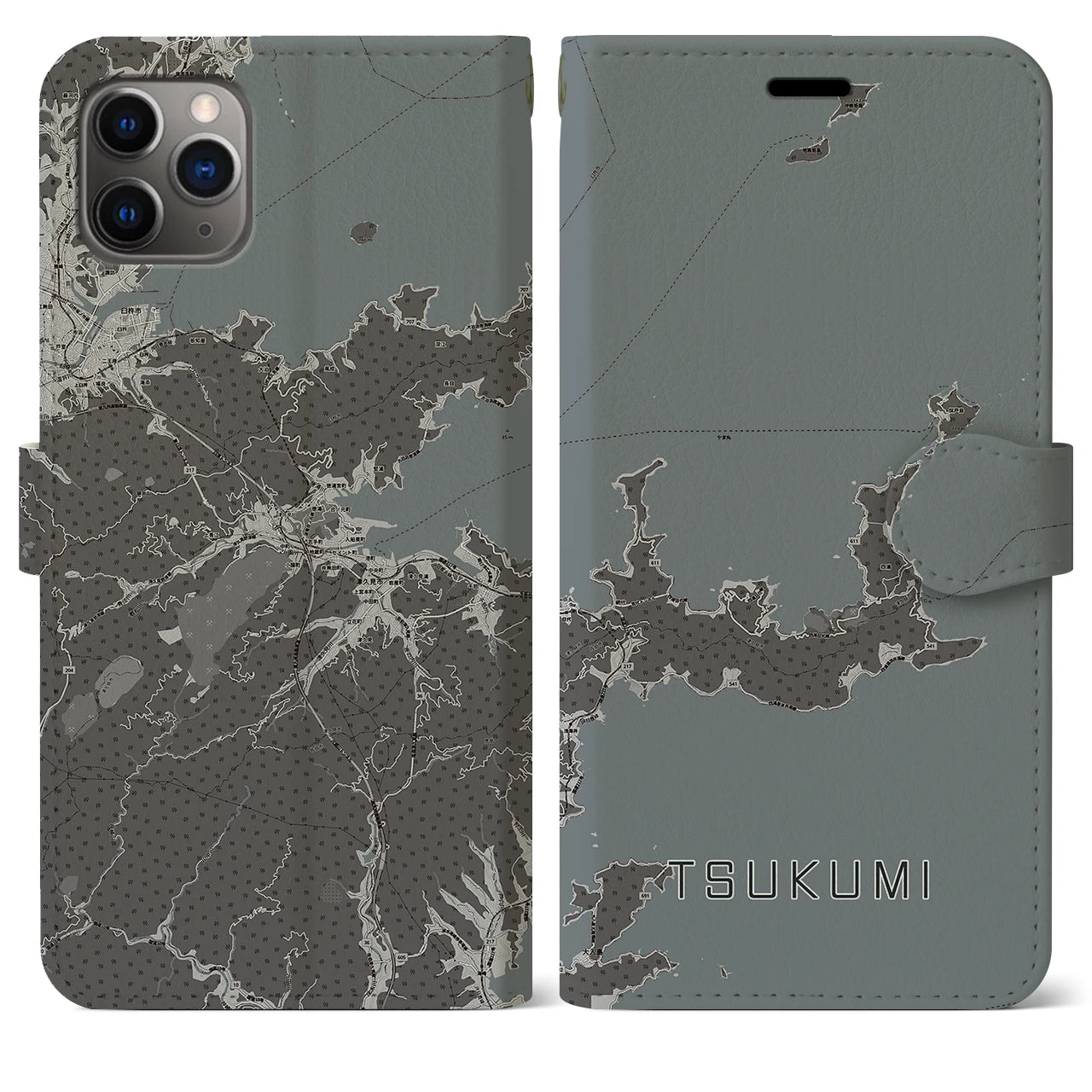 【津久見(大分県)】地図柄iPhoneケース(手帳タイプ)モノトーン・iPhone 11 Pro Max 用