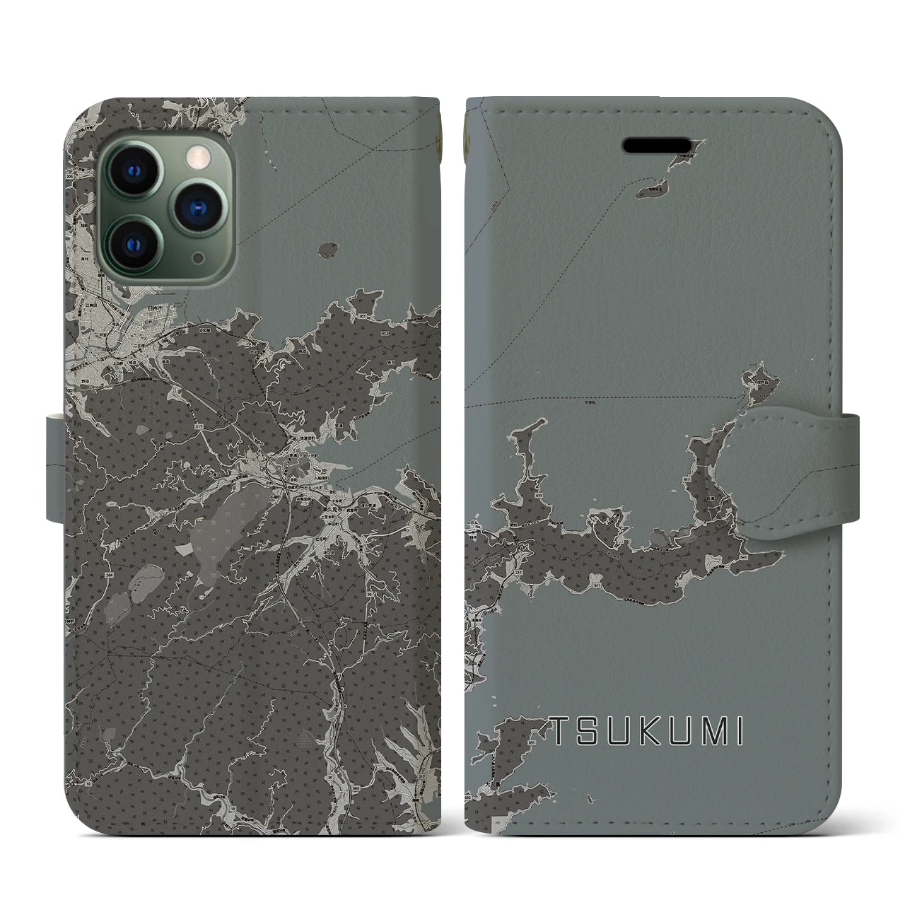 【津久見(大分県)】地図柄iPhoneケース(手帳タイプ)モノトーン・iPhone 11 Pro 用
