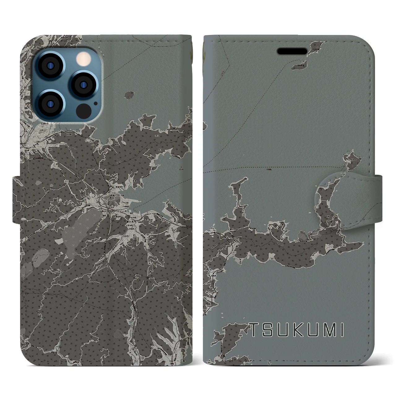 【津久見(大分県)】地図柄iPhoneケース(手帳タイプ)モノトーン・iPhone 12 / 12 Pro 用