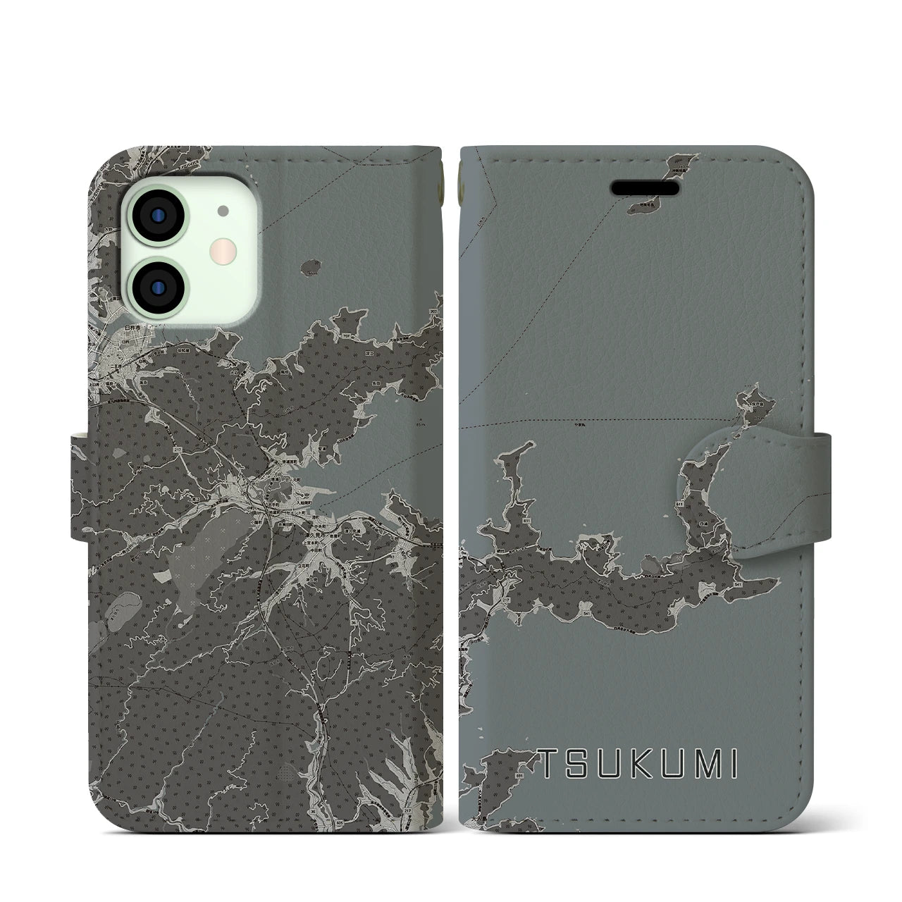 【津久見(大分県)】地図柄iPhoneケース(手帳タイプ)モノトーン・iPhone 12 mini 用