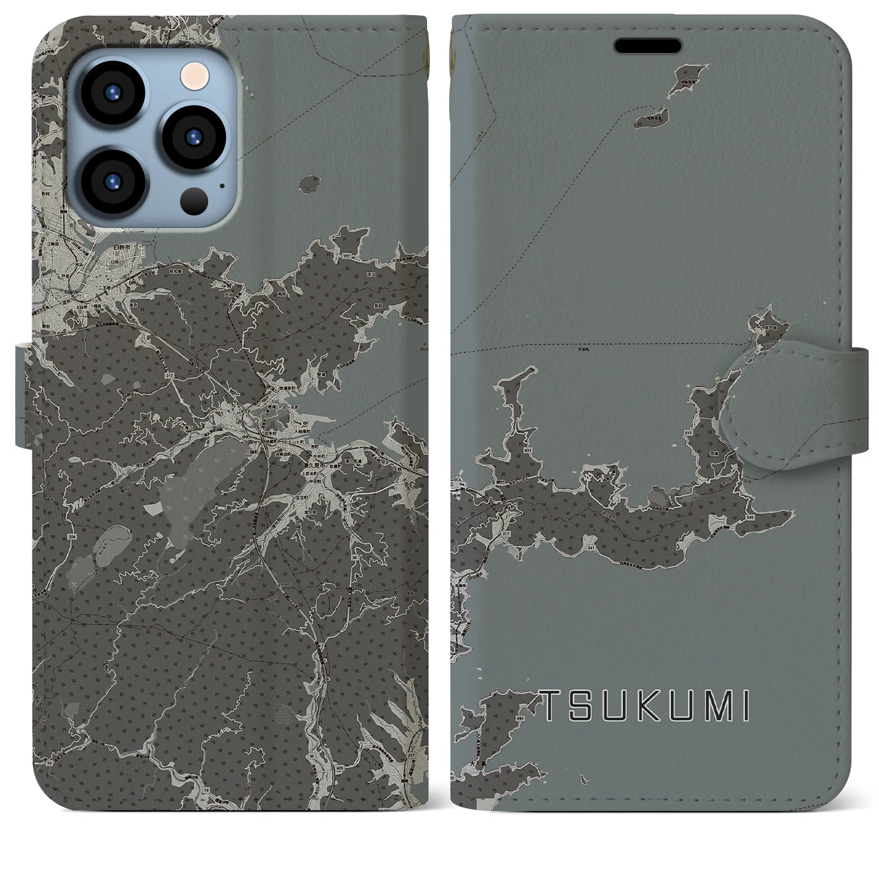 【津久見(大分県)】地図柄iPhoneケース(手帳タイプ)モノトーン・iPhone 13 Pro Max 用