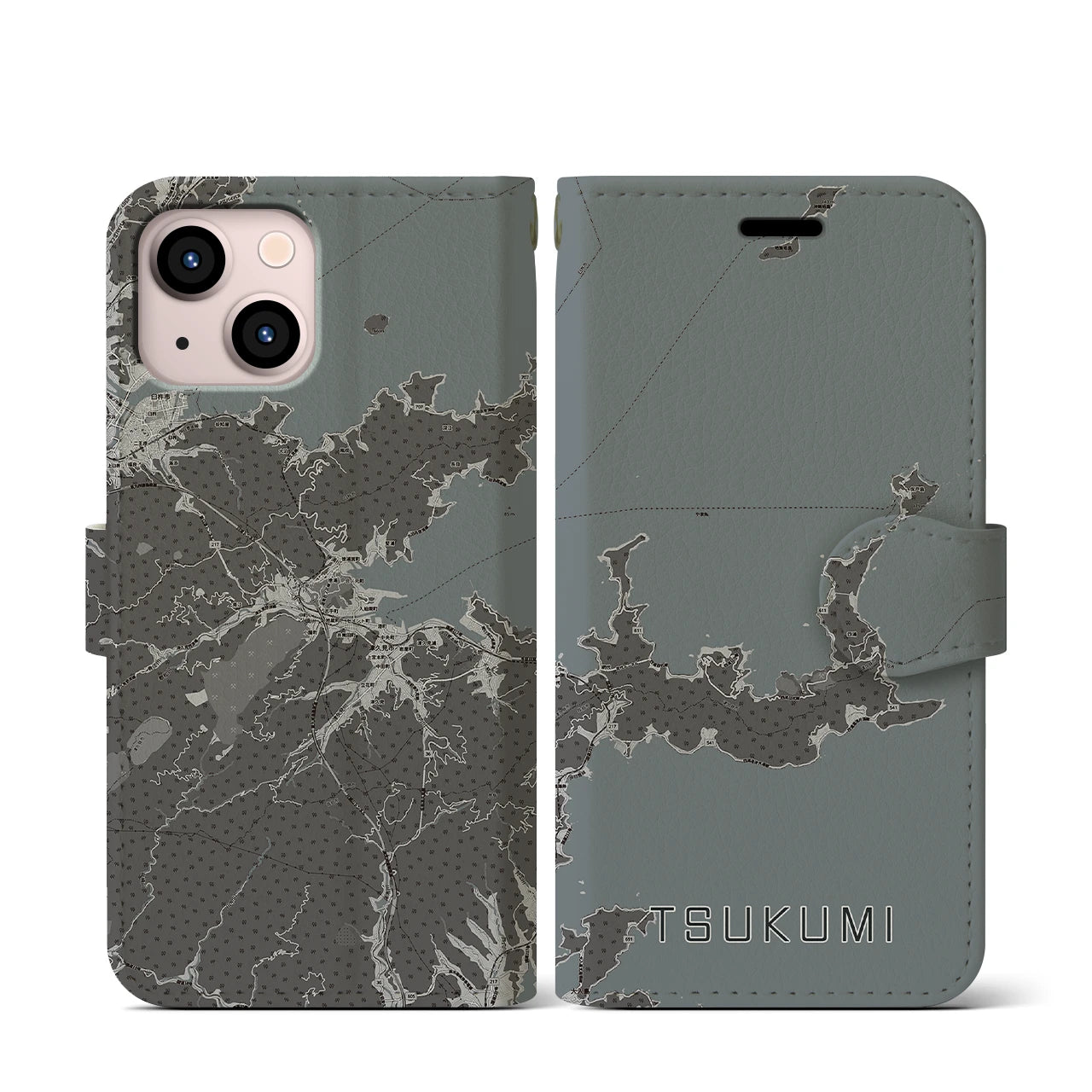 【津久見(大分県)】地図柄iPhoneケース(手帳タイプ)モノトーン・iPhone 13 mini 用