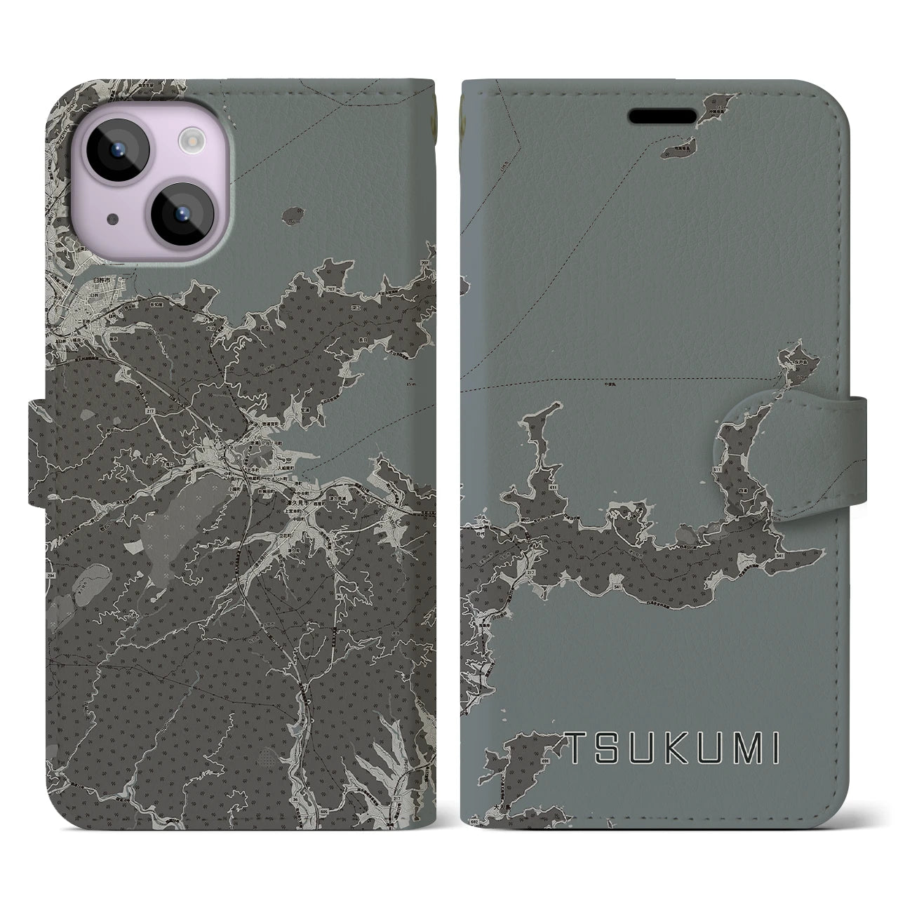 【津久見(大分県)】地図柄iPhoneケース(手帳タイプ)モノトーン・iPhone 14 用