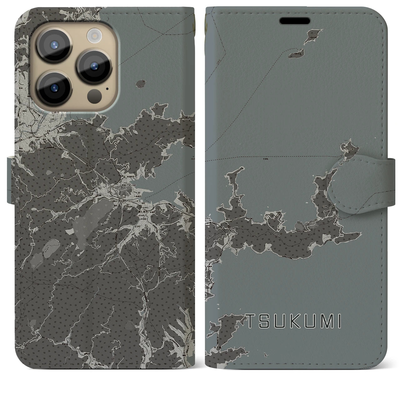 【津久見(大分県)】地図柄iPhoneケース(手帳タイプ)モノトーン・iPhone 14 Pro Max 用
