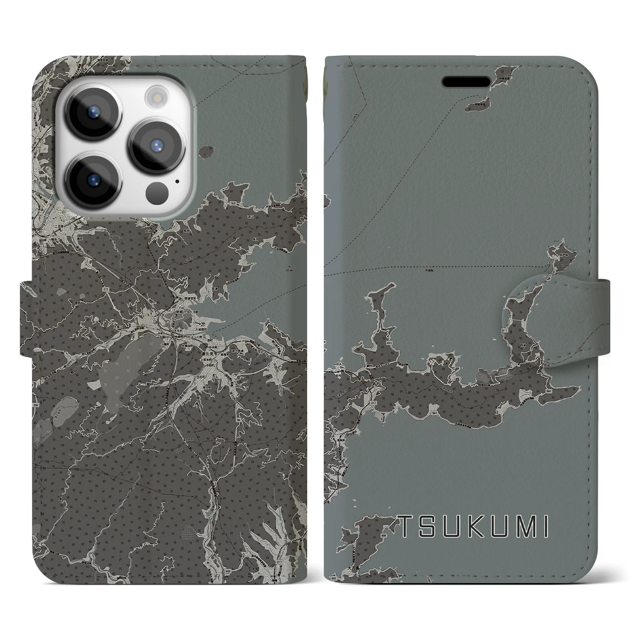 【津久見(大分県)】地図柄iPhoneケース(手帳タイプ)モノトーン・iPhone 14 Pro 用