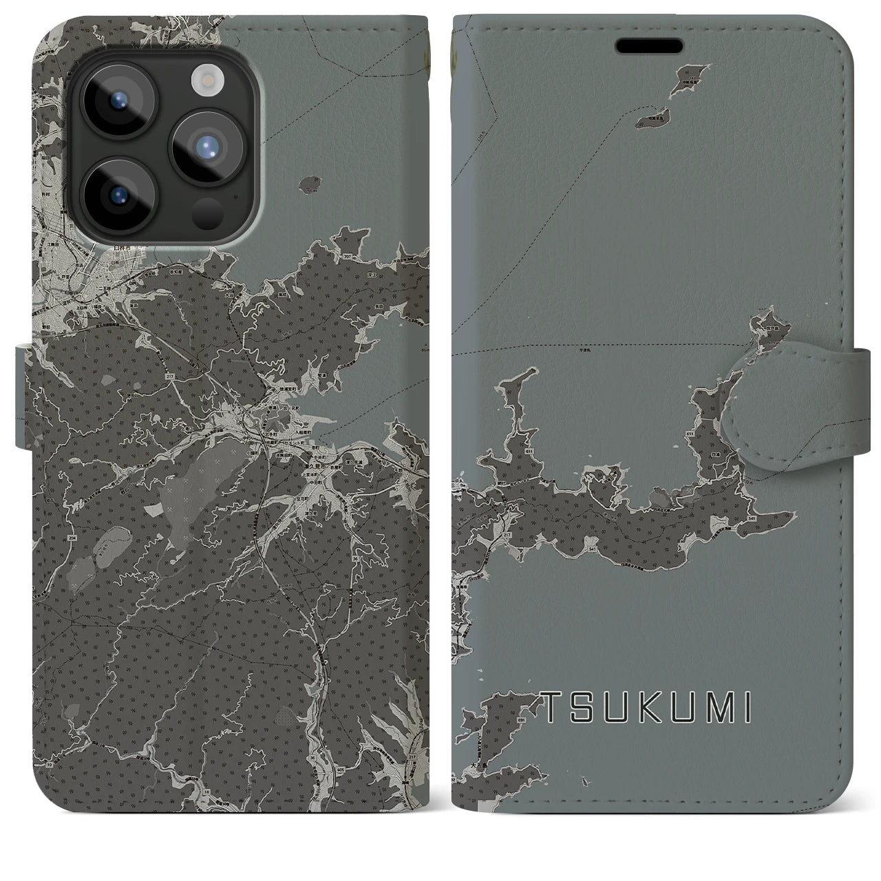 【津久見(大分県)】地図柄iPhoneケース(手帳タイプ)モノトーン・iPhone 15 Pro Max 用