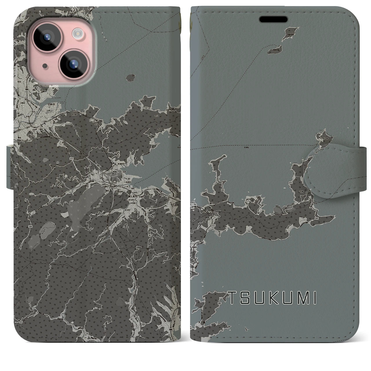 【津久見(大分県)】地図柄iPhoneケース(手帳タイプ)モノトーン・iPhone 15 Plus 用