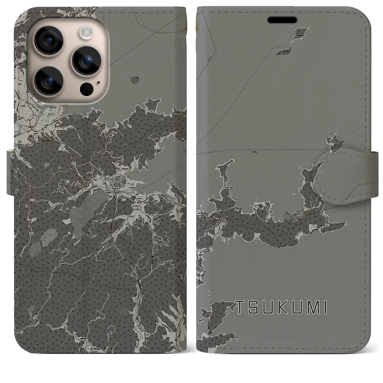 【津久見(大分県)】地図柄iPhoneケース(手帳タイプ)モノトーン・iPhone 16 Plus 用