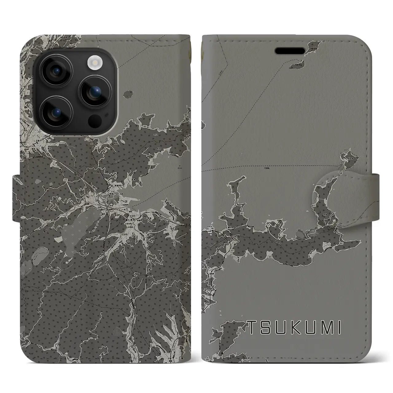 【津久見(大分県)】地図柄iPhoneケース(手帳タイプ)モノトーン・iPhone 16 用