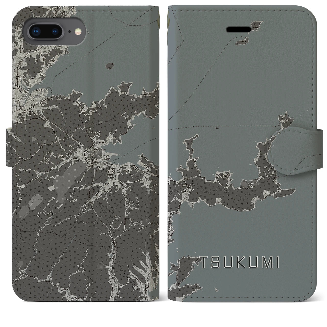 【津久見(大分県)】地図柄iPhoneケース(手帳タイプ)モノトーン・iPhone 8Plus /7Plus / 6sPlus / 6Plus 用
