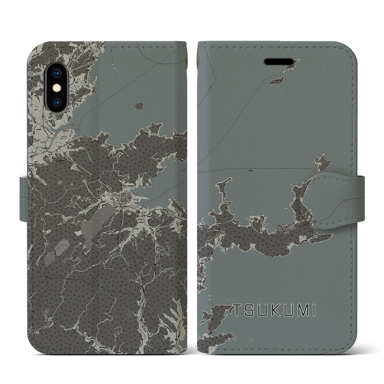 【津久見(大分県)】地図柄iPhoneケース(手帳タイプ)モノトーン・iPhone XS / X 用