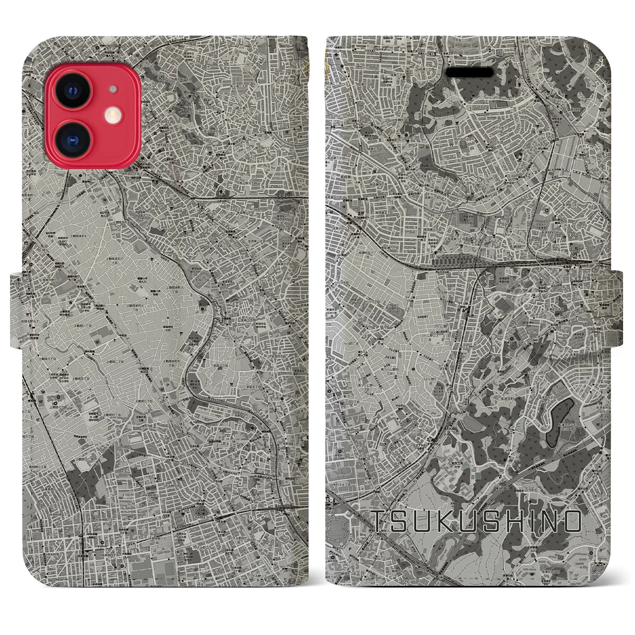 【つくし野(東京都)】地図柄iPhoneケース(手帳タイプ)モノトーン・iPhone 11 用