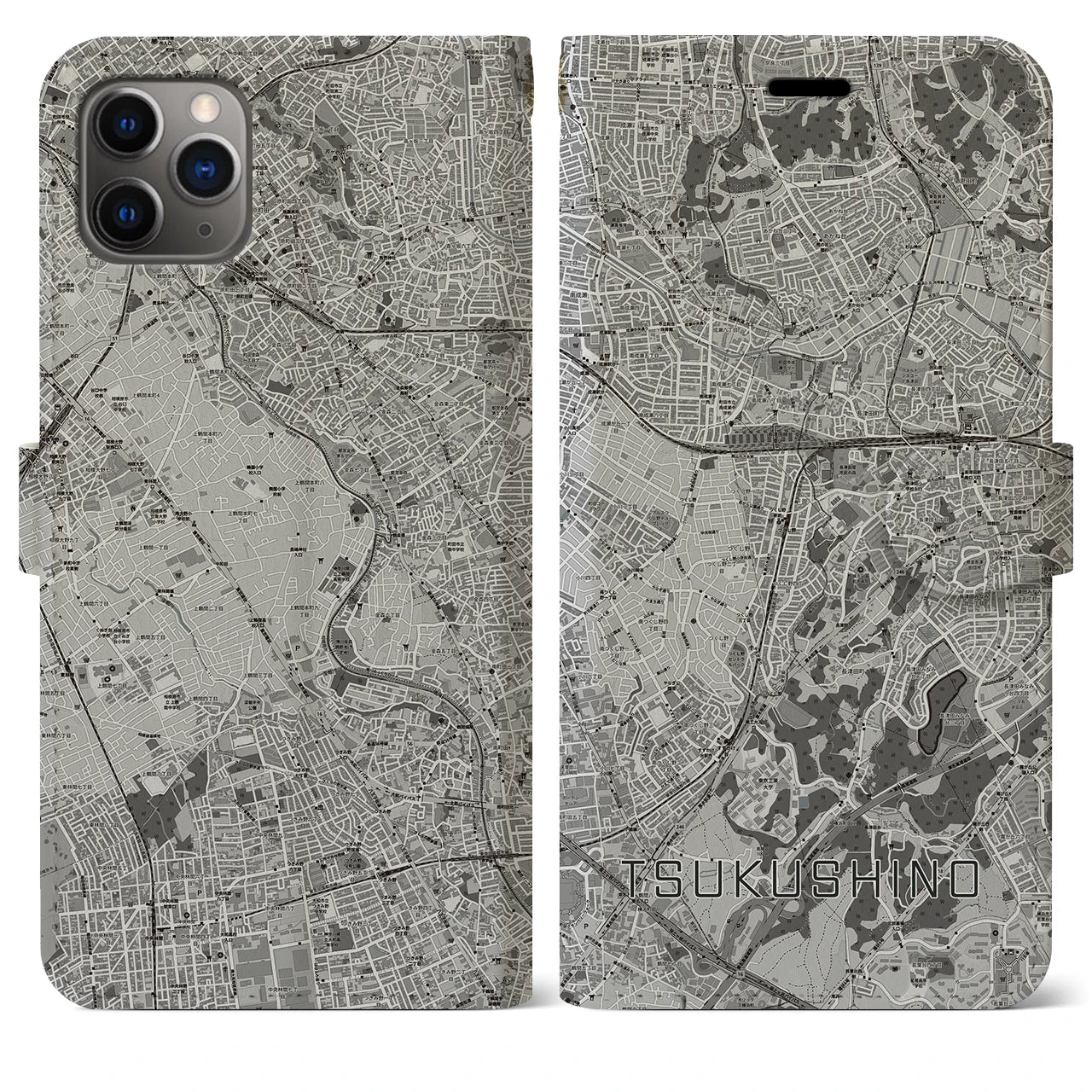 【つくし野(東京都)】地図柄iPhoneケース(手帳タイプ)モノトーン・iPhone 11 Pro Max 用