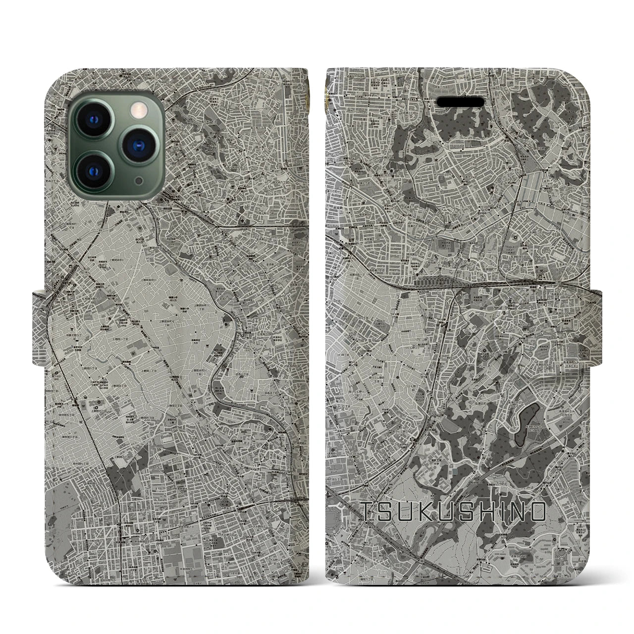 【つくし野(東京都)】地図柄iPhoneケース(手帳タイプ)モノトーン・iPhone 11 Pro 用