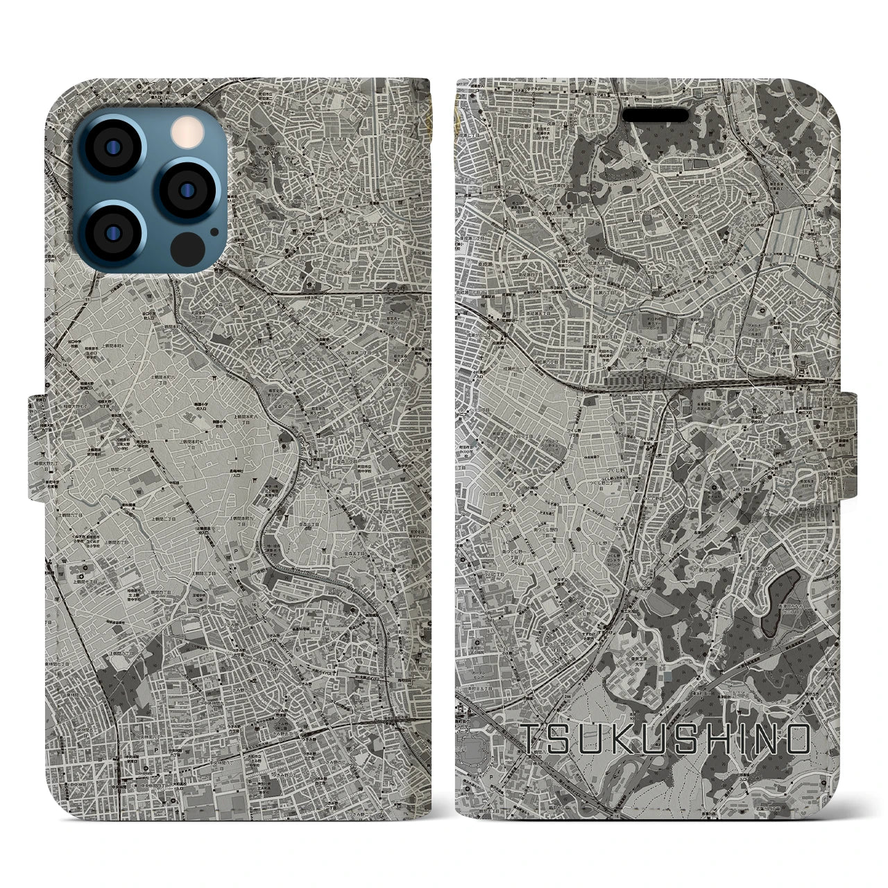 【つくし野(東京都)】地図柄iPhoneケース(手帳タイプ)モノトーン・iPhone 12 / 12 Pro 用