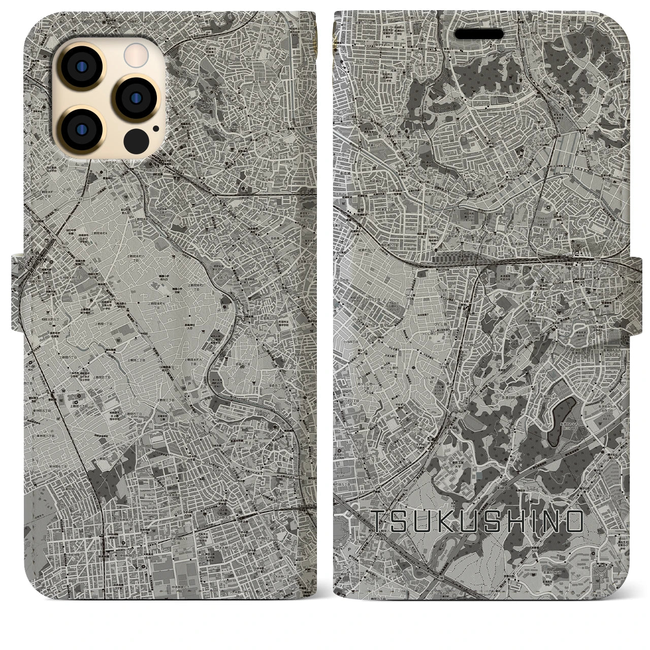 【つくし野(東京都)】地図柄iPhoneケース(手帳タイプ)モノトーン・iPhone 12 Pro Max 用
