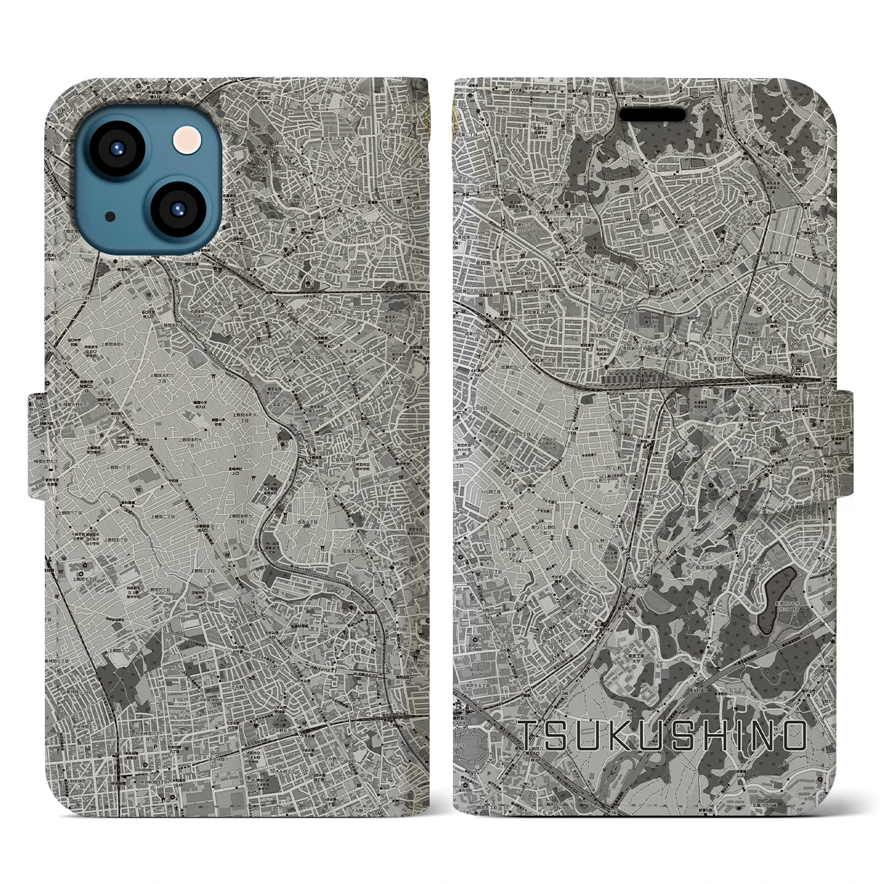 【つくし野(東京都)】地図柄iPhoneケース(手帳タイプ)モノトーン・iPhone 13 用