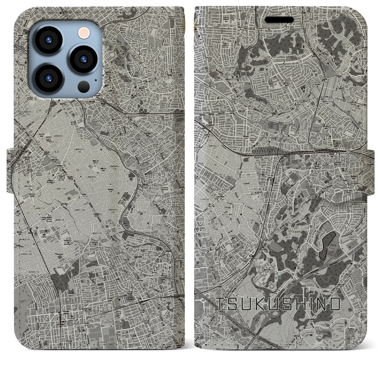 【つくし野(東京都)】地図柄iPhoneケース(手帳タイプ)モノトーン・iPhone 13 Pro Max 用