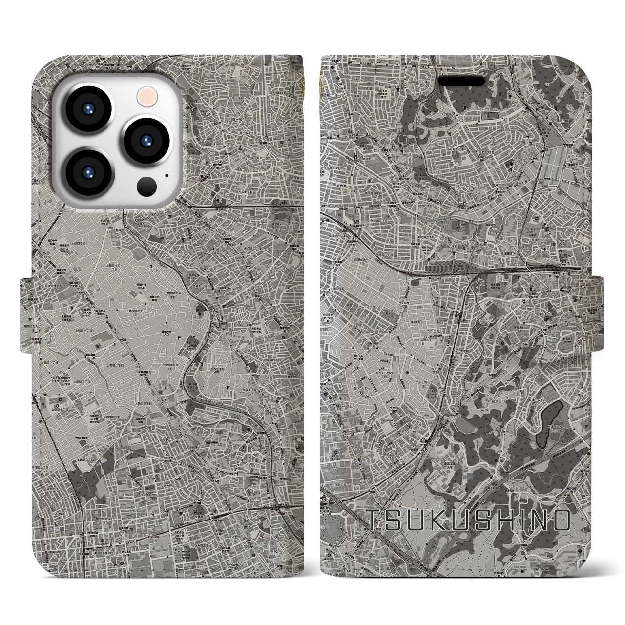 【つくし野(東京都)】地図柄iPhoneケース(手帳タイプ)モノトーン・iPhone 13 Pro 用