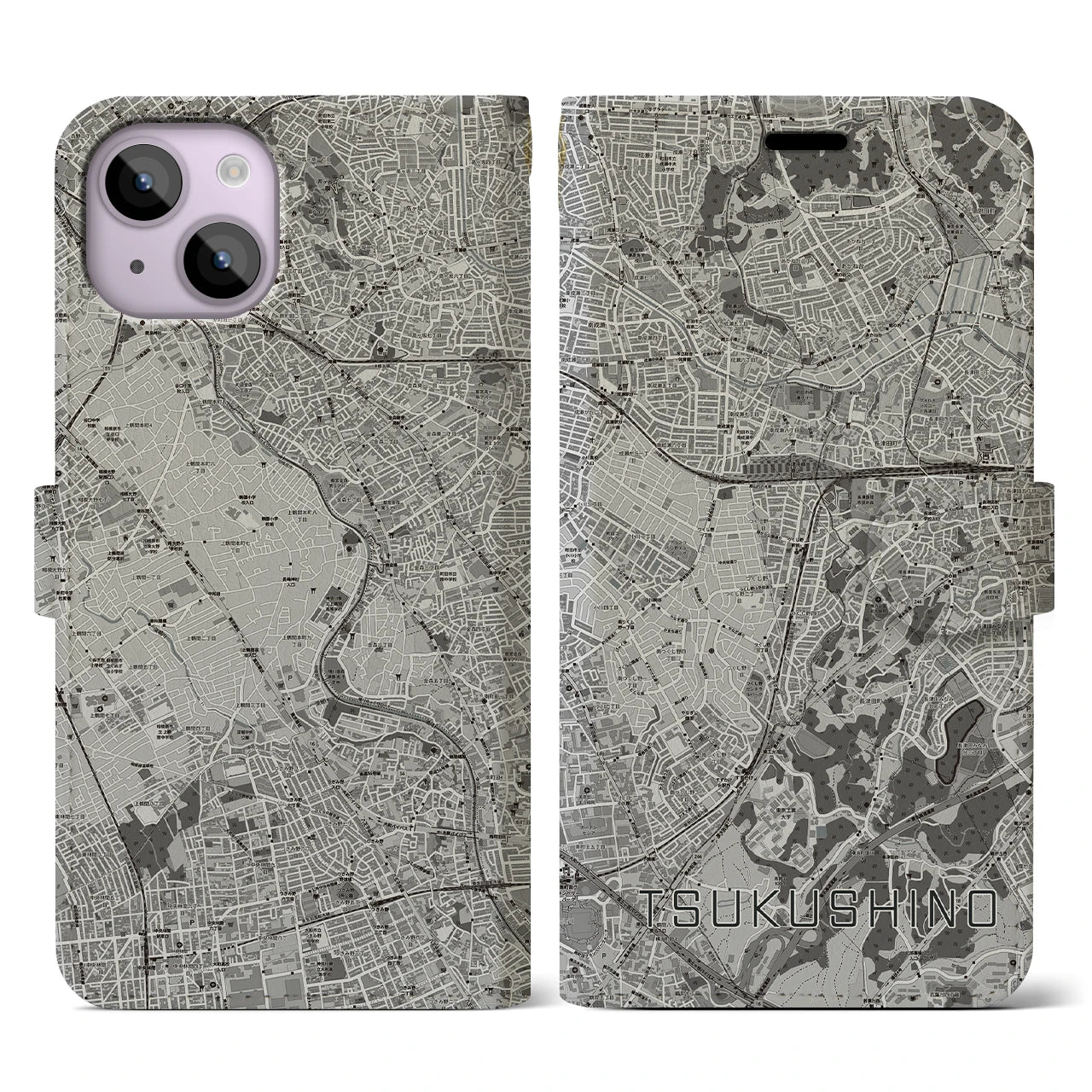 【つくし野(東京都)】地図柄iPhoneケース(手帳タイプ)モノトーン・iPhone 14 用