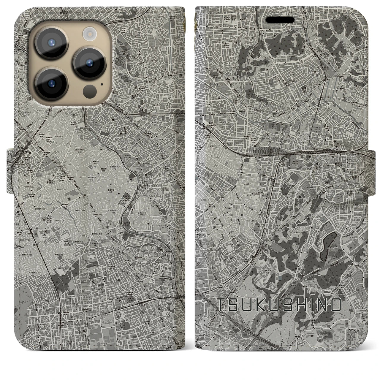【つくし野(東京都)】地図柄iPhoneケース(手帳タイプ)モノトーン・iPhone 14 Pro Max 用