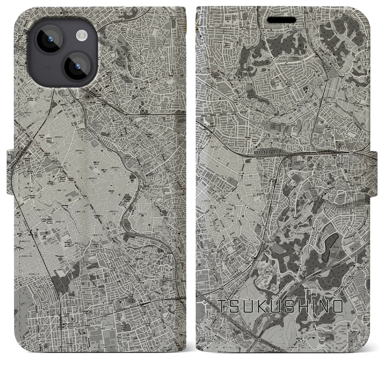 【つくし野(東京都)】地図柄iPhoneケース(手帳タイプ)モノトーン・iPhone 14 Plus 用