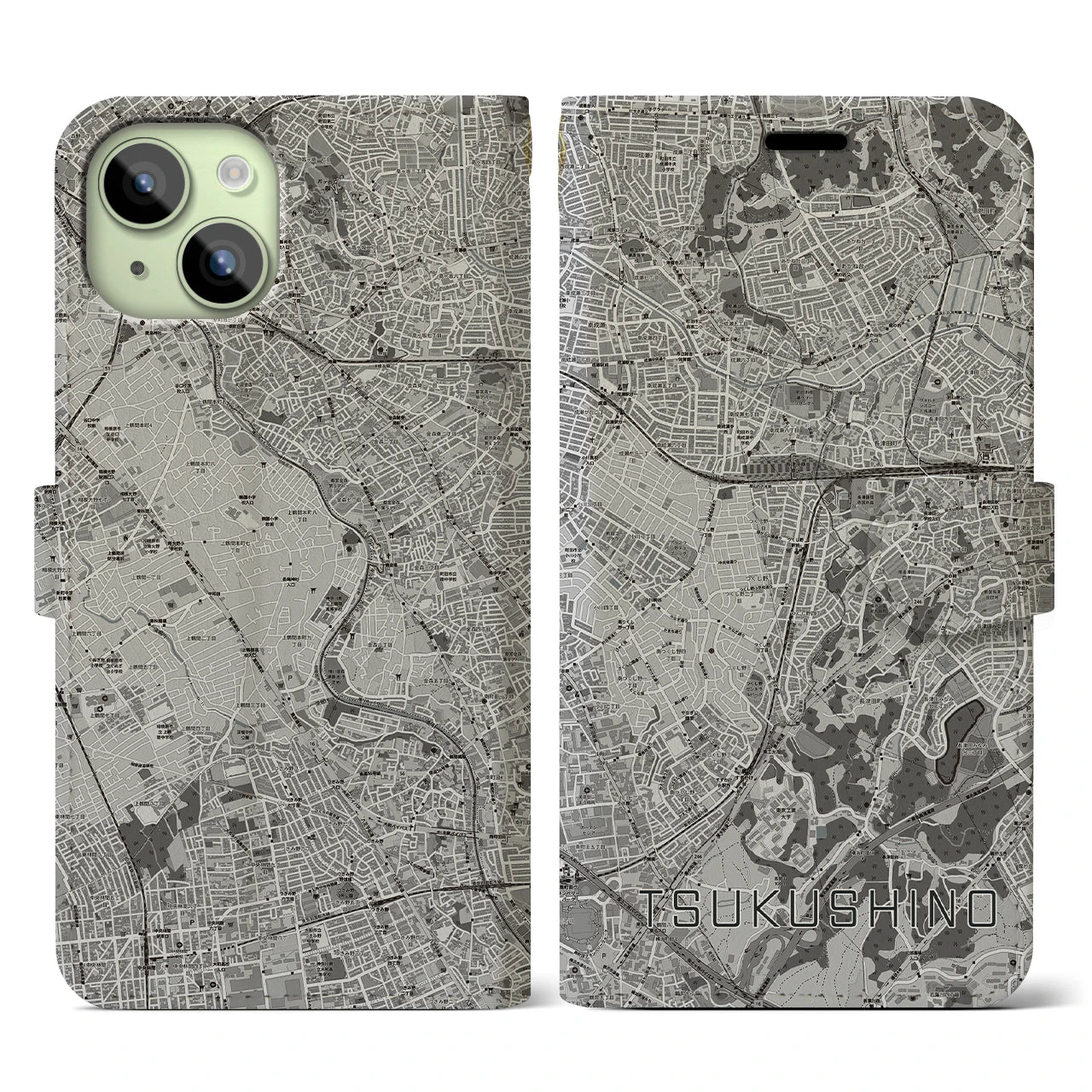 【つくし野(東京都)】地図柄iPhoneケース(手帳タイプ)モノトーン・iPhone 15 用