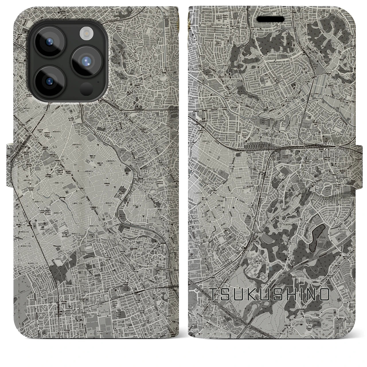 【つくし野(東京都)】地図柄iPhoneケース(手帳タイプ)モノトーン・iPhone 15 Pro Max 用